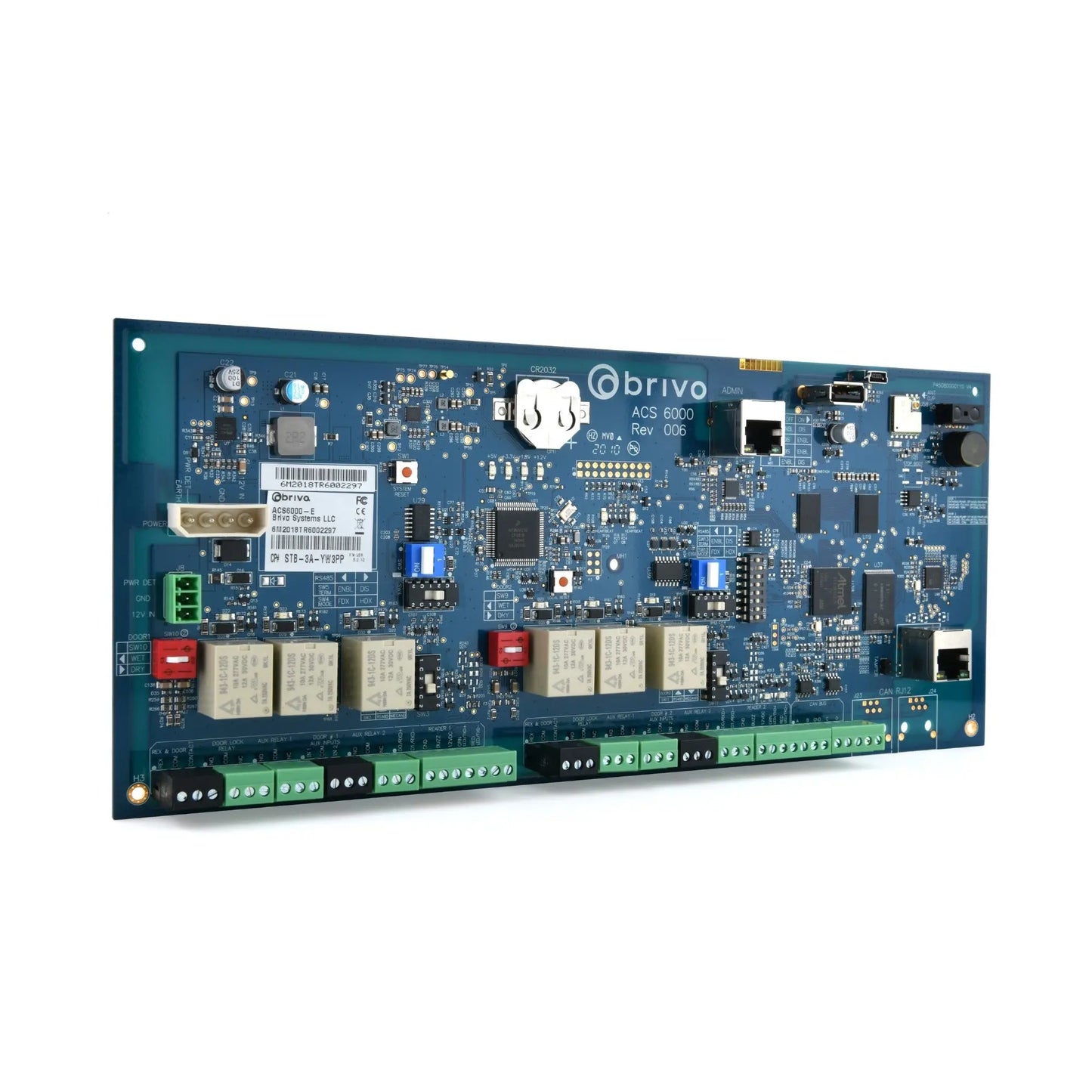 Brivo ACS6000 main board Series Rev 006, two-reader access control PCB (board only) for ACS6000 systems, used to manage door readers, inputs, and outputs.