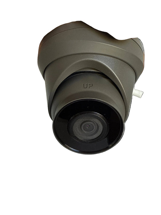 4MP grey turret security camera with built-in microphone, 2.8mm wide-angle lens, PoE power, and ONVIF compatibility for professional video surveillance installations.